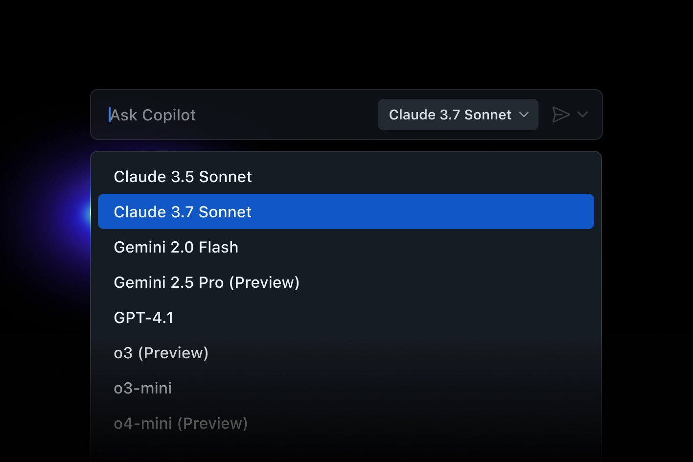 A dropdown menu lists some of GitHub Copilot Chat’s available models like Claude 3.5 Sonnet, Claude 3.7 Sonnet, Gemini 2.0 Flash, Gemini 2.5 Pro (Preview), GPT-4.1, o3 (Preview), o3-mini, and o4-mini (Preview).